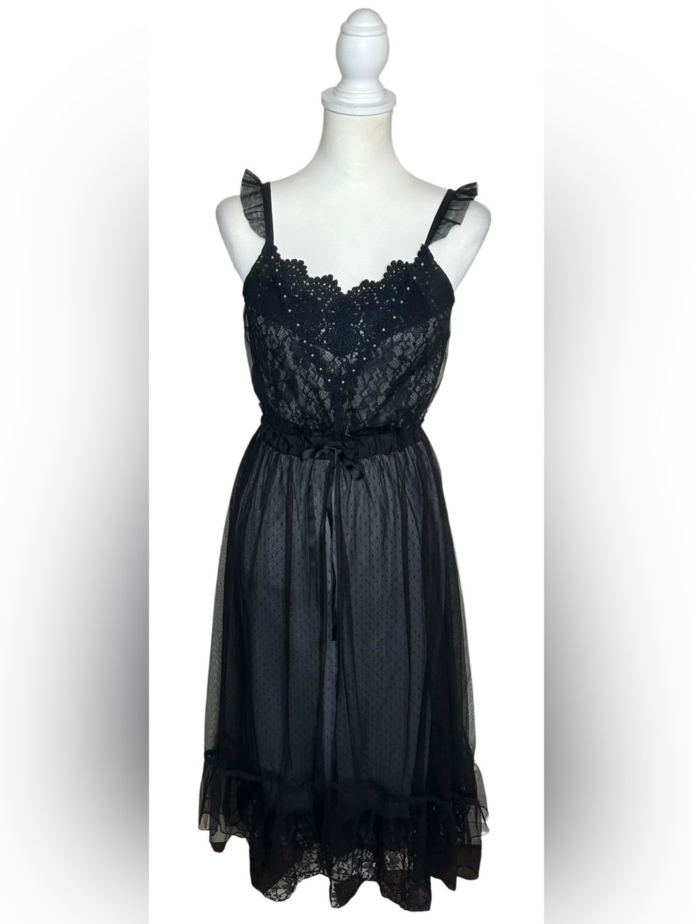 Axes Femme Black Lace Midi Dress Sheer Tulle Overlay Sz M SMALL FLAW Whimsigoth